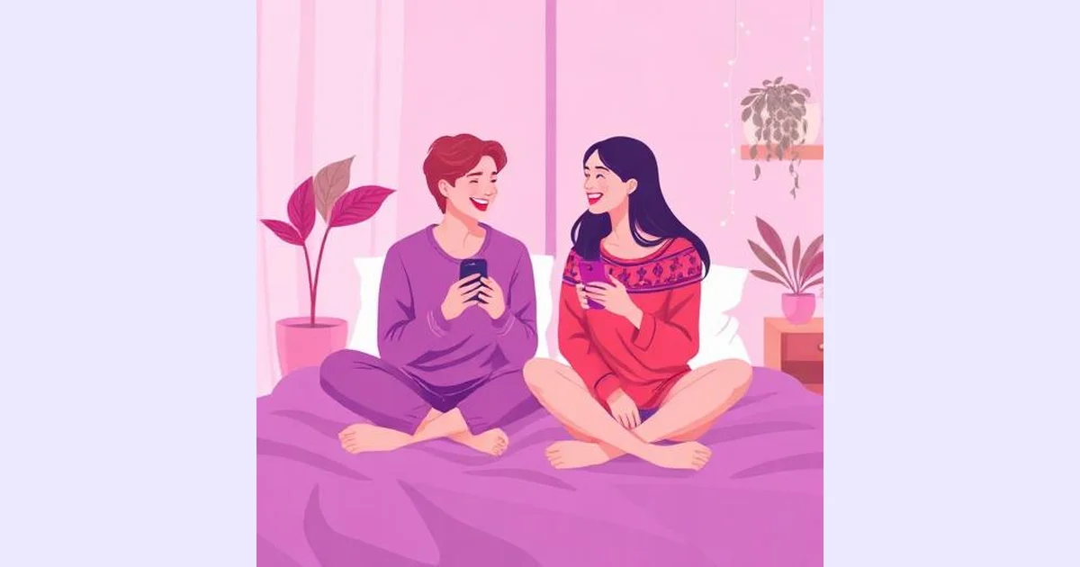 Two friends laughing while guessing each other's answers on their phones in a cozy bedroom, flat illustration