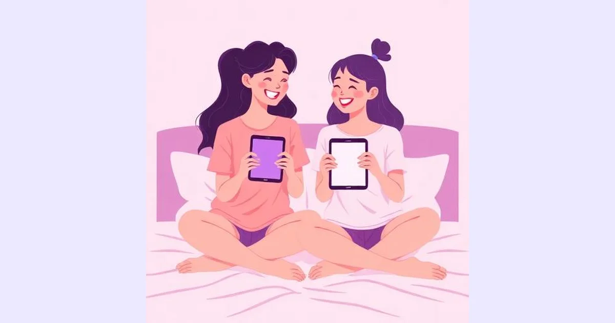 Two friends laughing while comparing phone screens during a best friend matching quiz