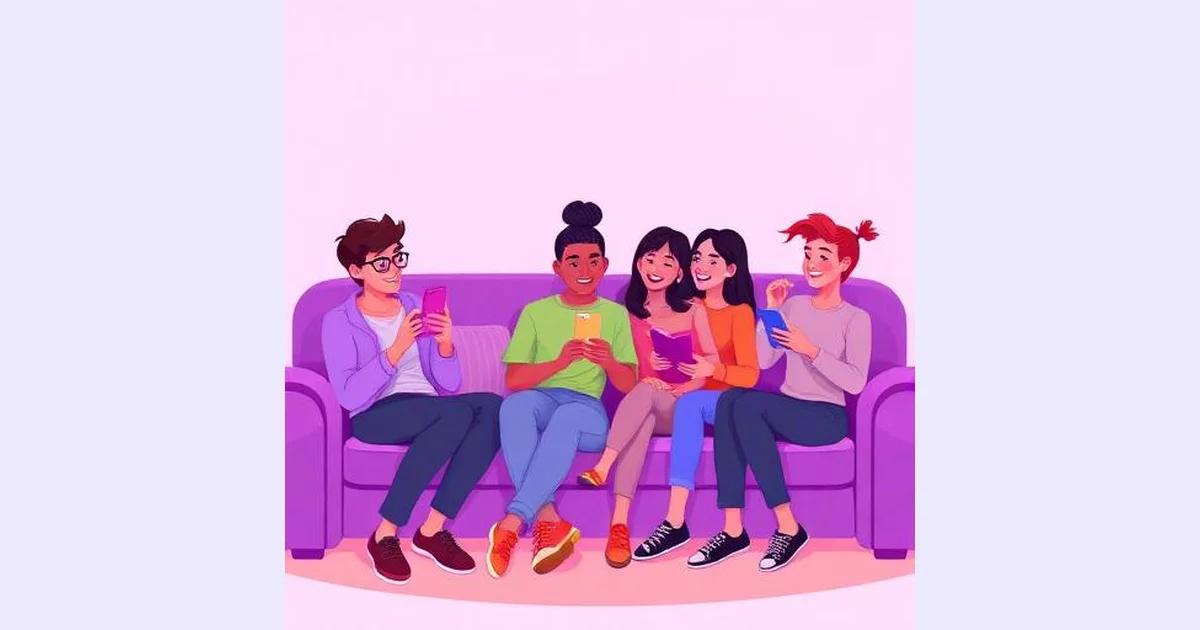 Friends sitting together laughing while taking a best friend personality quiz on their phones