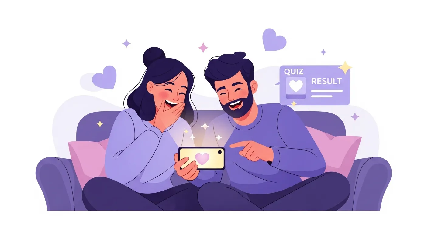 Two best friends sitting on a sofa together, looking at a phone showing best friend quiz results and laughing