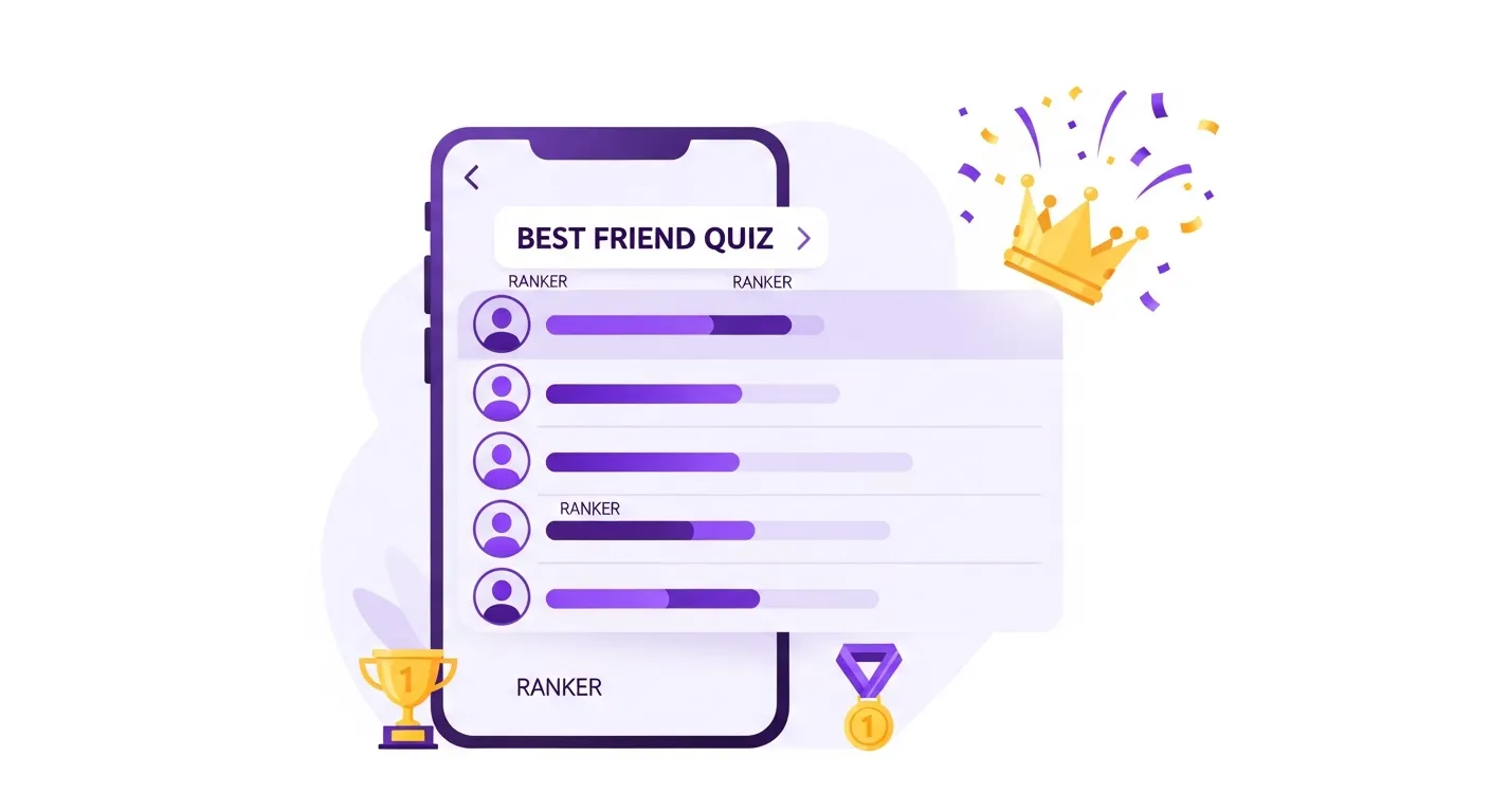 Best friend quiz leaderboard showing a gold crown for first place with confetti and friend avatars ranked by score
