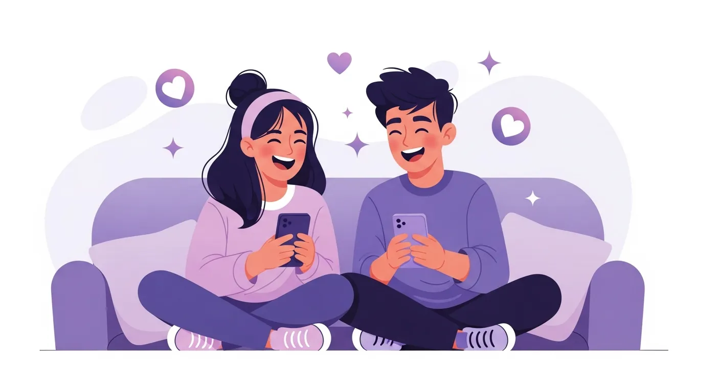 Two friends laughing while taking a BFF test on their phones