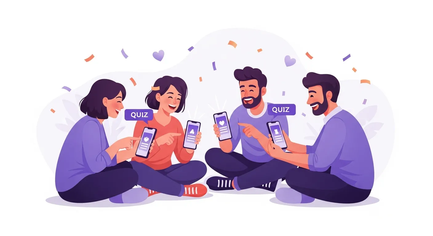 Group of friends laughing together after taking a friendship quiz on their phones