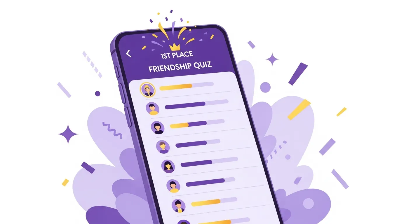 Friendship quiz score leaderboard showing ranked friends with gold crown at the top