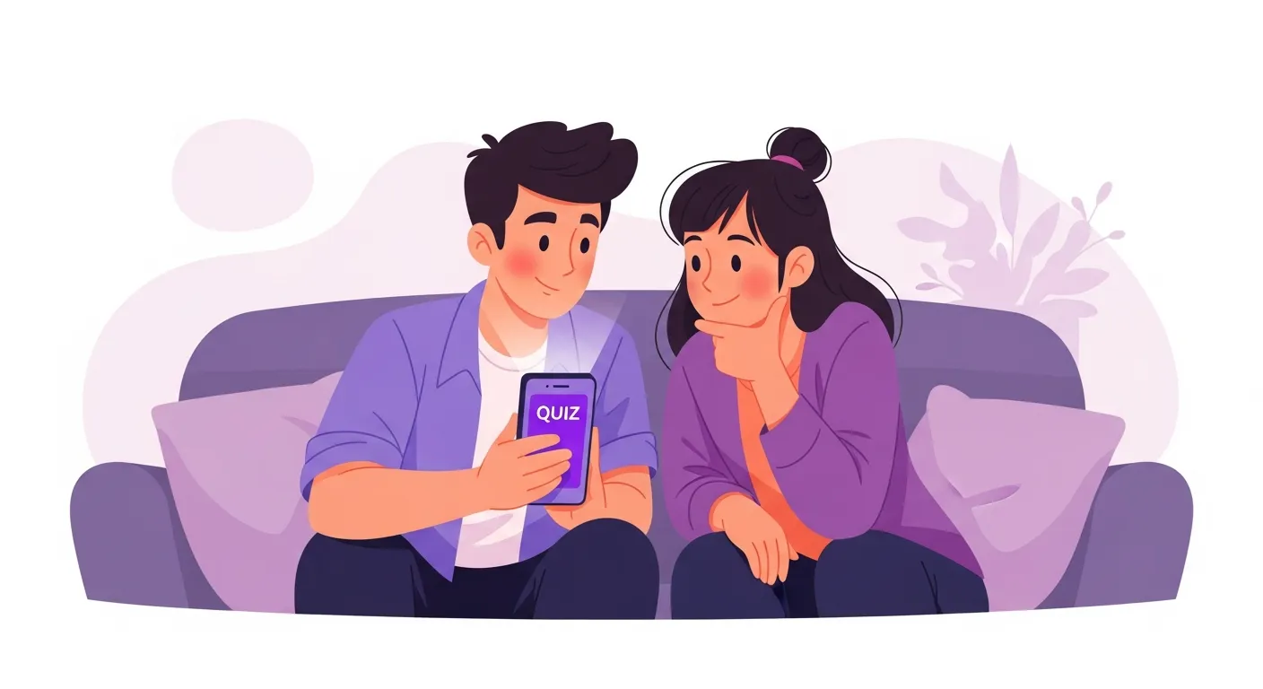 Two friends sitting together sharing a smartphone showing a friendship quiz