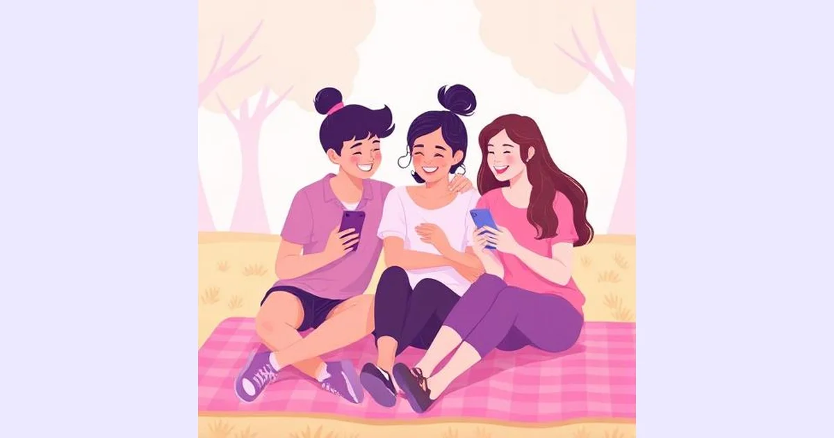 Three friends laughing together while looking at phones, flat pastel illustration for a friendship strength test