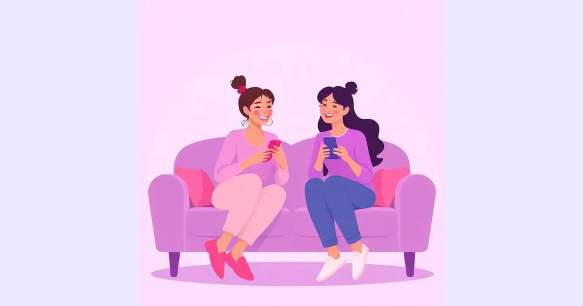 Two friends laughing on a couch while playing a guess my best friend game on their phones